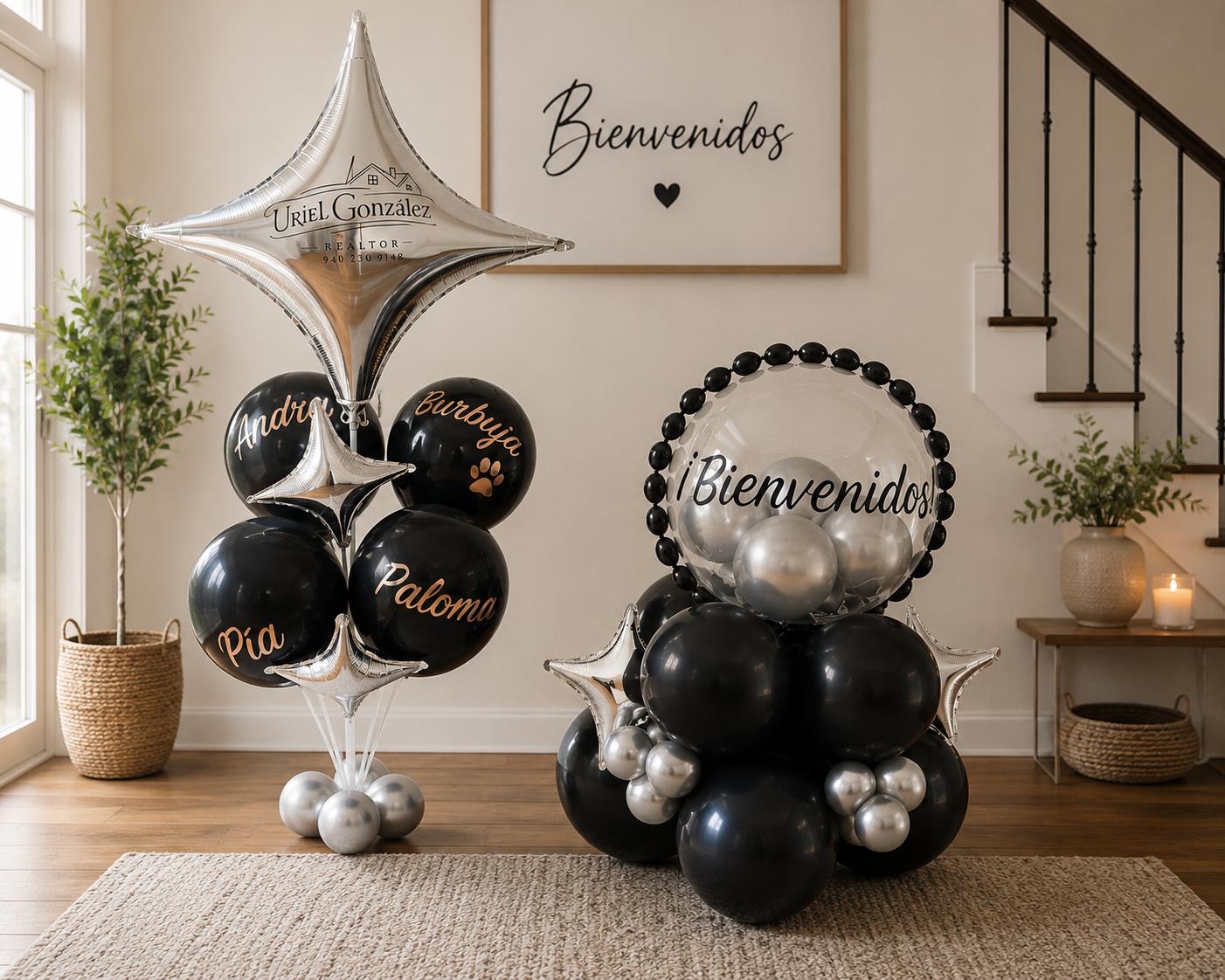 Black and silver Bienvenidos balloon set with personalized name balloons