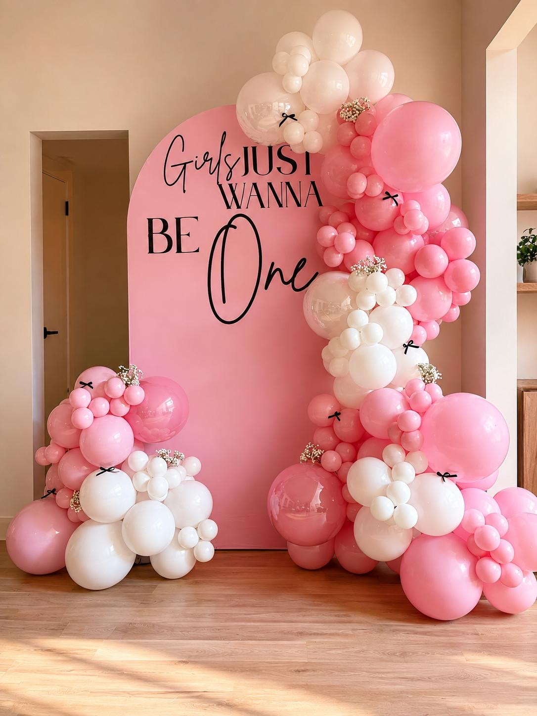 Balloon garland arch backdrop, pink and cream