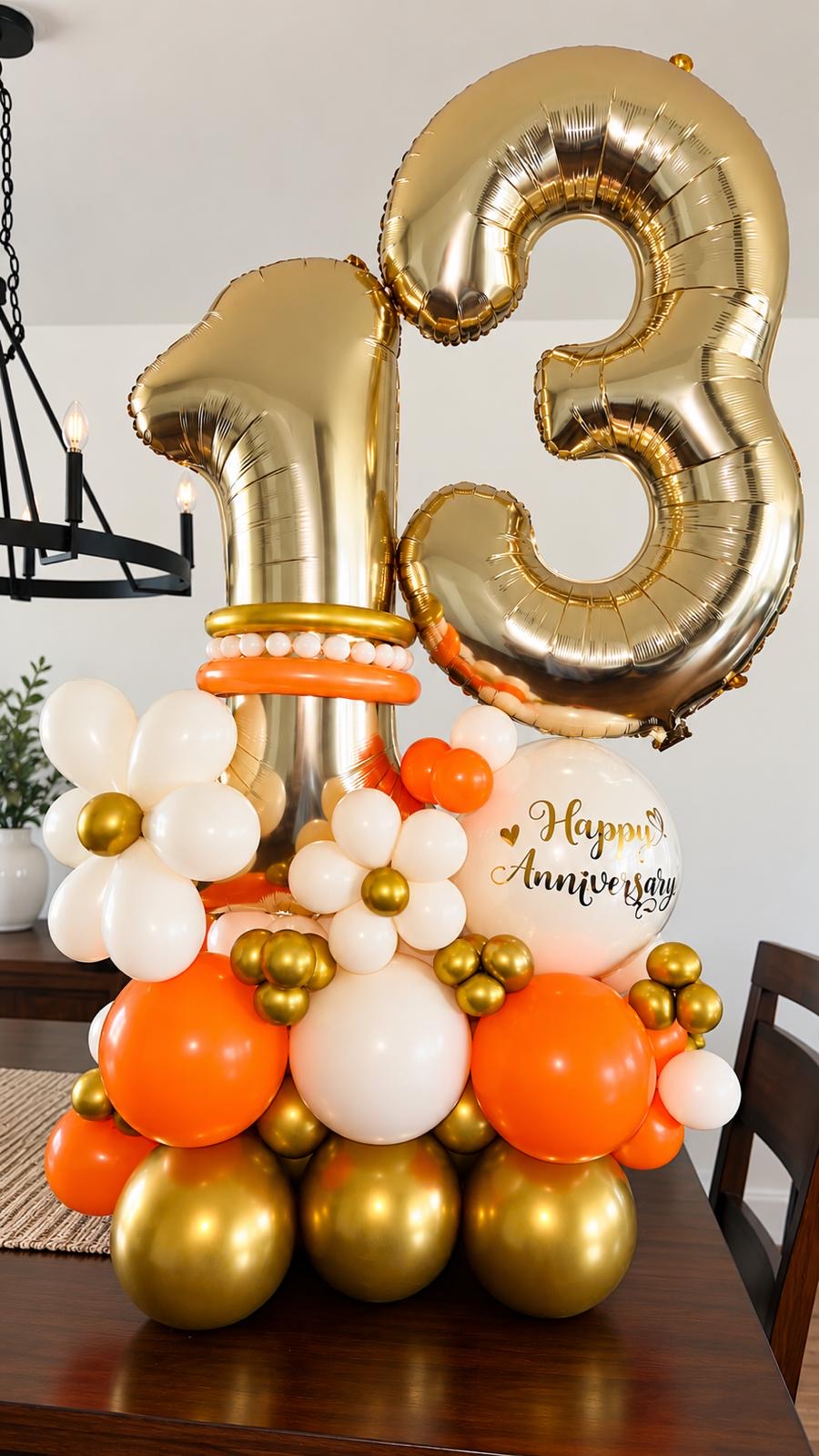 Gold number thirteen balloons on an anniversary balloon base