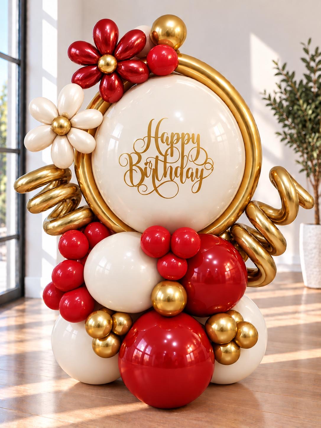 Birthday balloon hoop arrangement, red and white