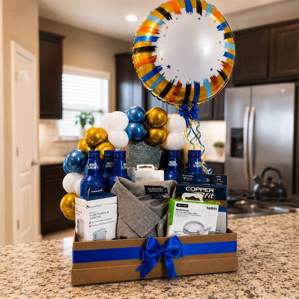 Father's Day gift basket with a navy and gold balloon topper