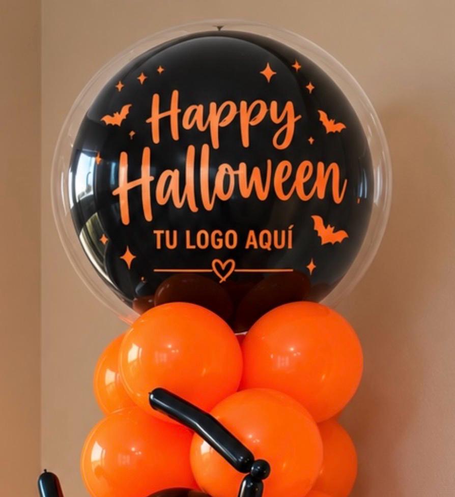Globo burbuja transparente impreso con Happy Halloween y espacio para un logotipo personalizado, sobre una base de globos naranja