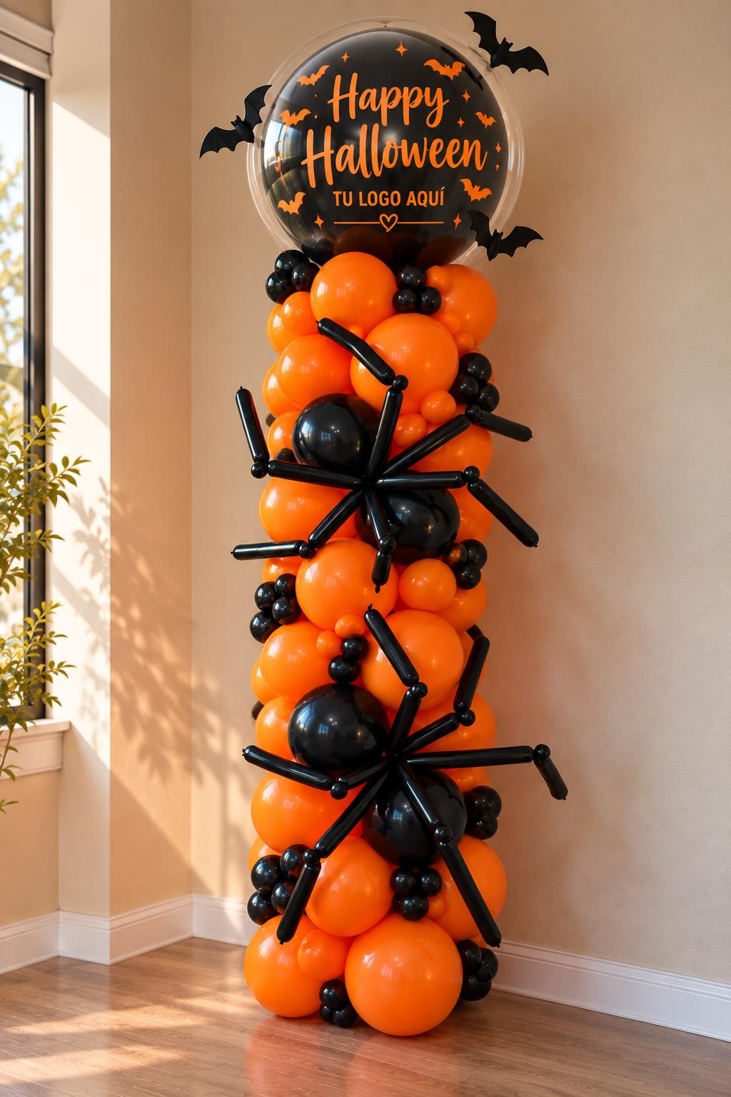 Estructura de globos con arañas y un globo burbuja transparente impreso con Happy Halloween y espacio para un logotipo