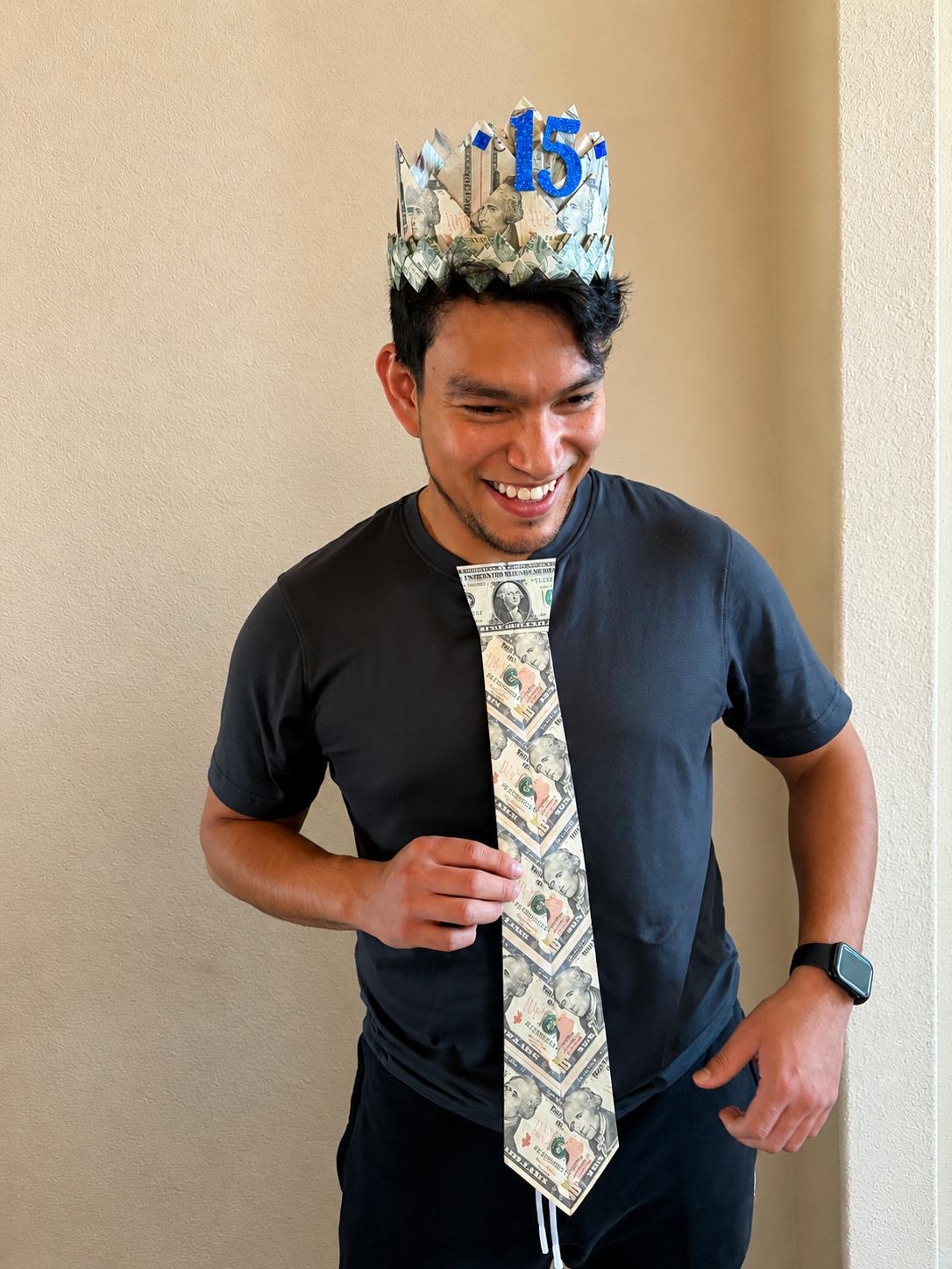 Matching folded money crown and money tie set