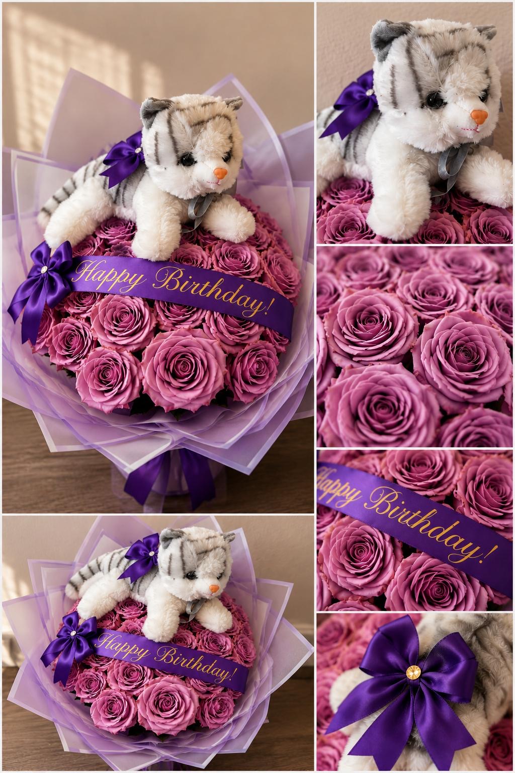 Purple rose bouquet with a teddy bear and a birthday sash
