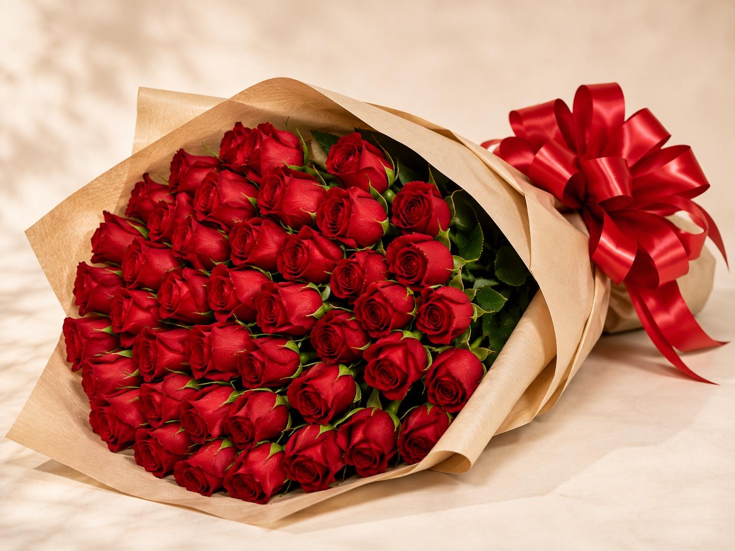 Long-stem red roses wrapped in kraft paper with a red bow