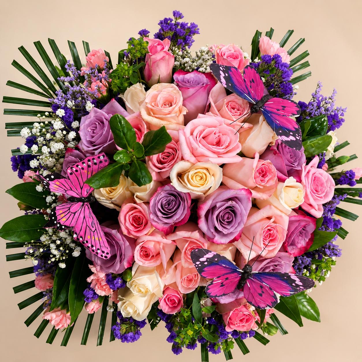 Pink and purple rose bouquet with butterfly accents