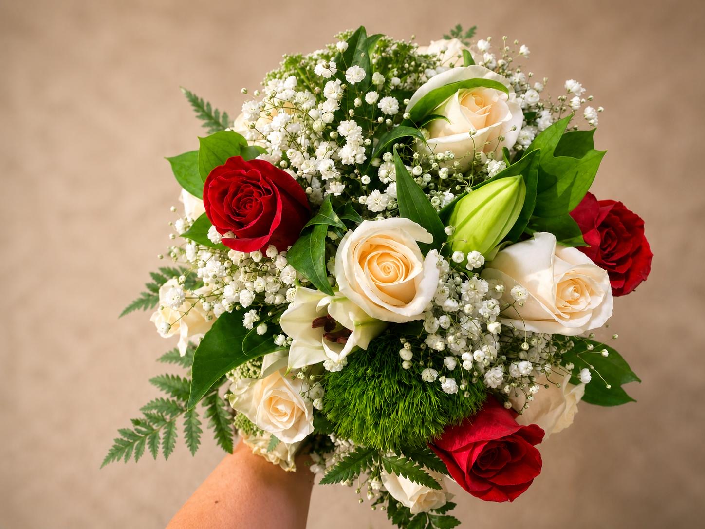 Handheld bouquet of white and red roses with lilies