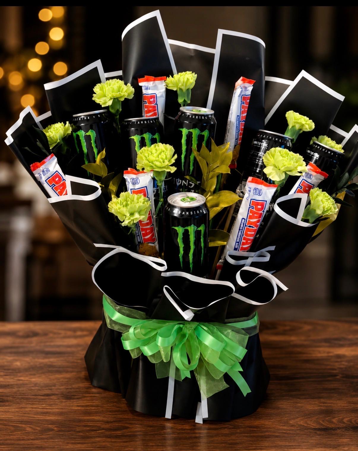 Bouquet of energy drinks and candy with green carnations