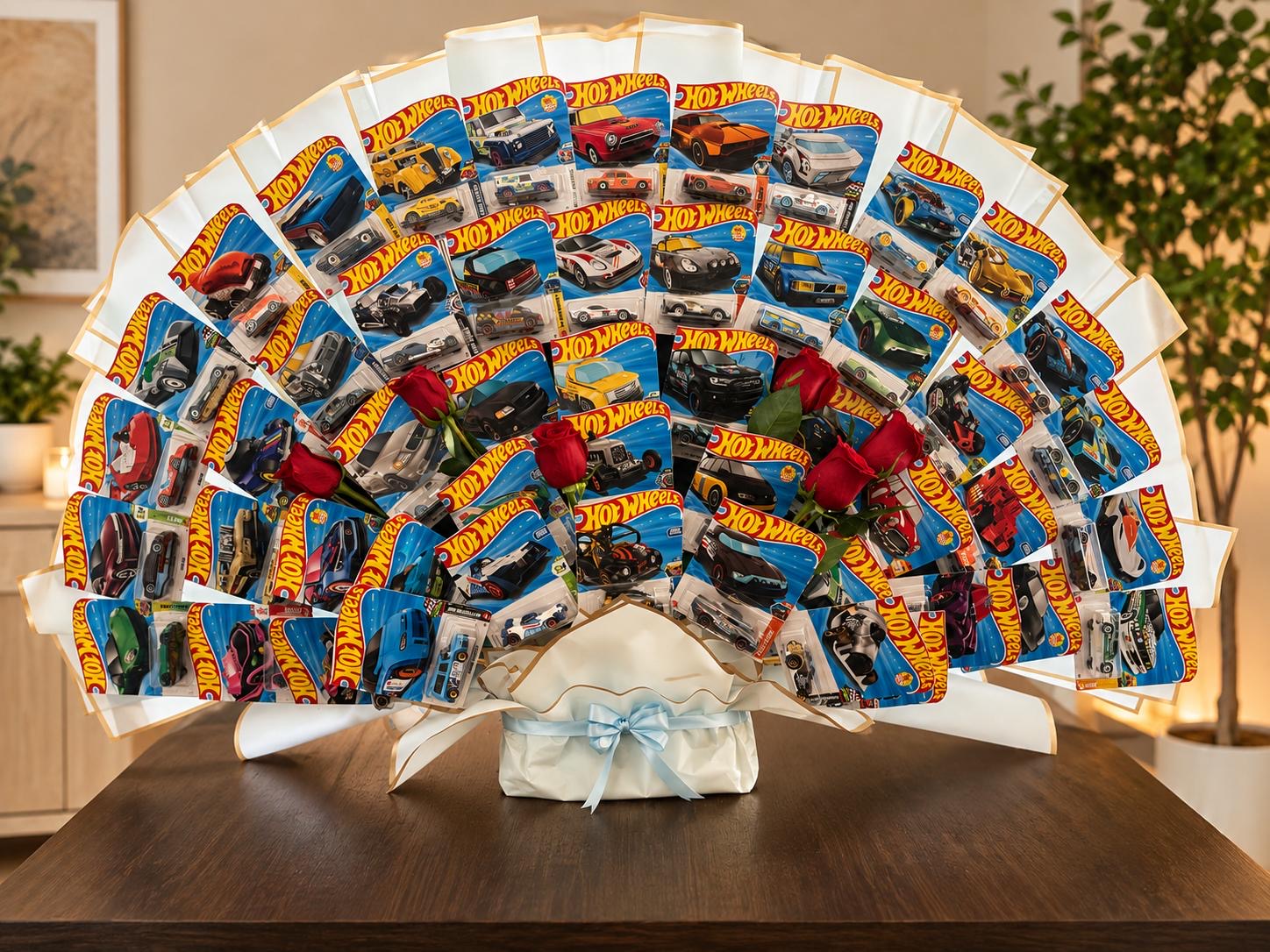 Fan-shaped bouquet of toy cars in their packaging