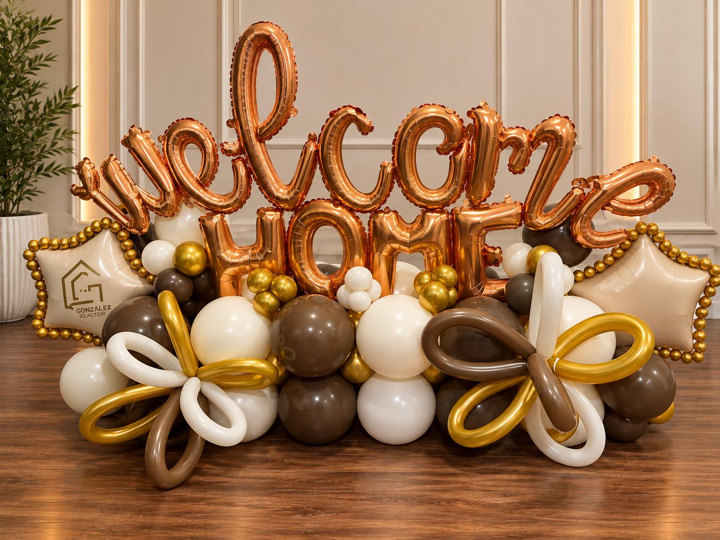 Welcome Home balloon set with rose gold script over a chocolate and cream balloon base